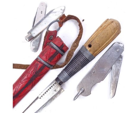 An Eastern carved wood-handled hunting knife, mother-of-pearl silver-bladed fruit knife, Second War Period military issue HM 