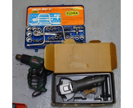 A Black+Decker Angle Grinder, a Bosch 600 Watt Drill, cased, A Set Lam German Socket Set etc 