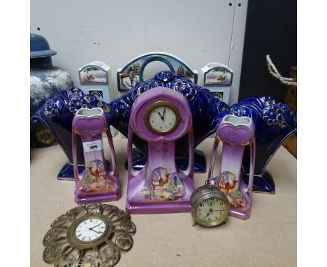 2 Vintage 3-piece clock garnitures, an alarm clock, a small brass clock, and an Art Deco garniture (lacking clock), height 26
