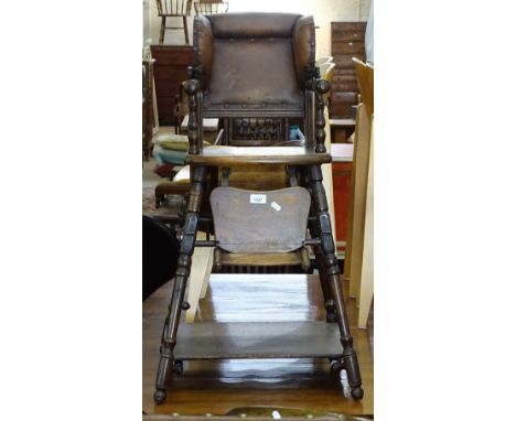 A Vintage stained beech and leather upholstered folding highchair 