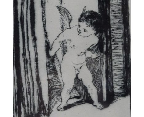 Small etching, cherub, unsigned, in ornate gilt-gesso vine leaf frame, overall frame height 13" 