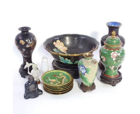 A group of cloisonne items, including a bowl on stand, 20cm across, a Buddha figure, a jade child, and a dragon decorated vas