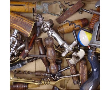 Various Vintage and Antique corkscrews, including brush-tip examples, bone handle example, stag horn etc 