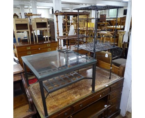 A square metal-framed and glass-top 2-tier coffee table, W68cm, H45cm, together with a pair of slatted wrought-iron lamp tabl
