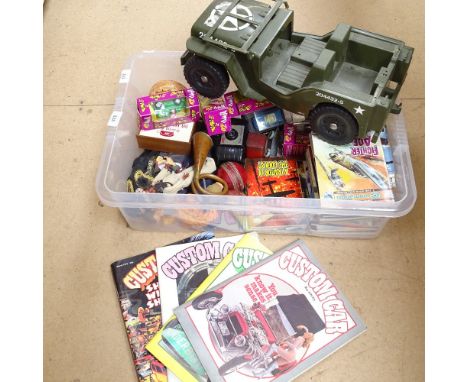 Various Vintage Action Men, boxed Bump and Go racing cars, Commando comic books etc 