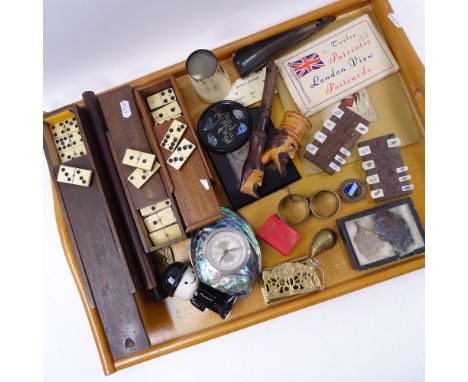 Various collectables, including Shibayama ivory Bezique markers, silver napkin ring, novelty pipe, bone domino sets etc 