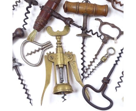 Various Antique and Vintage corkscrews, including bone example with brush-tip, Italian brass lever example etc 