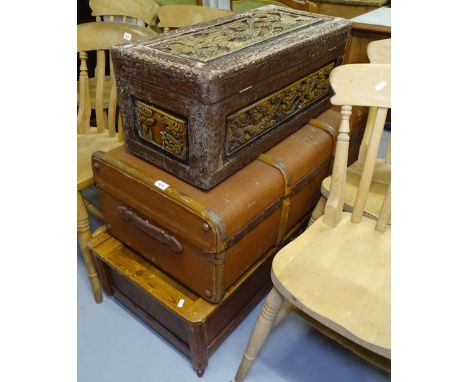 A small relief carved camphorwood blanket chest, a Vintage trunk, and another (3) 