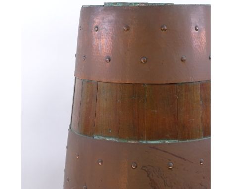 An early 20th century copper-bound tapered coopered oak stick stand, height 55cm 