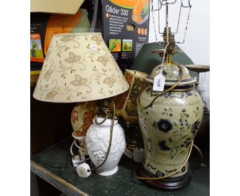 Various ceramic and brass table lamps, and a collection of shades 