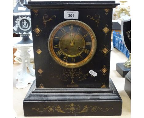A slate mantel clock with inset marble motifs, height 33cm 