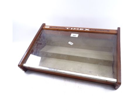 An oak-framed glazed Timex watch display cabinet, length 42cm 