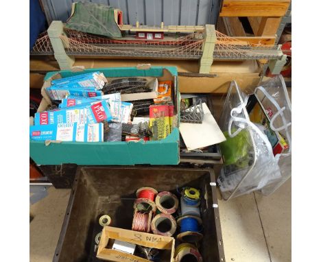 A large quantity of OO gauge model railway track, bridges, buildings and brochures (large metal trunk full) 
