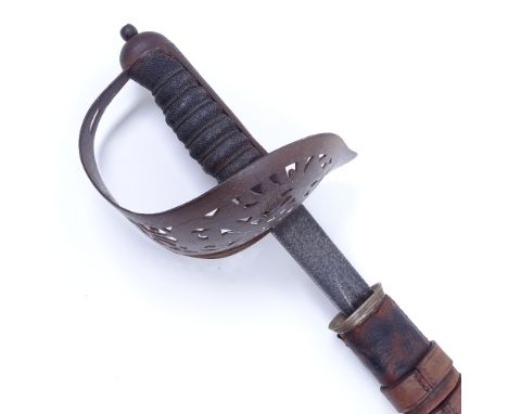 A 19th century military Officer's sword and leather scabbard, engraved blade with cypher, blade length 81cm 