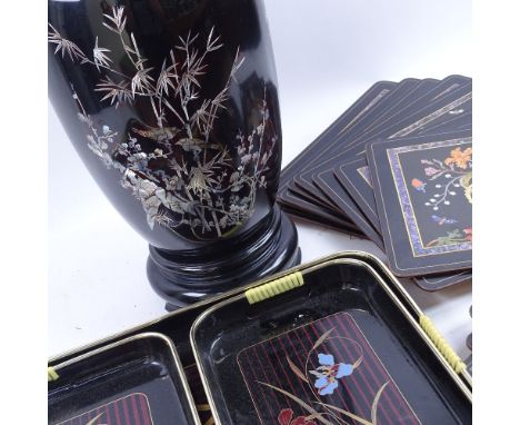 A modern Vietnamese mother-of-pearl inlaid ebonised ginger jar, Japanese tea tray set, oval brass plaque etc 