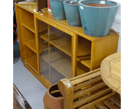 1930s light oak bookcase, with 2 sliding glazed doors, L152cm 