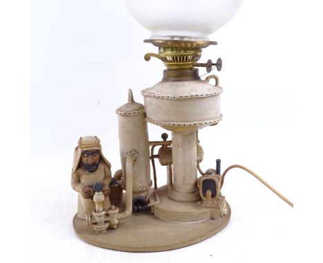 A Vintage glazed ceramic novelty Middle Eastern design oil lamp, converted to electric, base length 28cm 