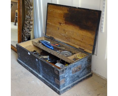 A Victorian stained pine carpenter's tool chest, together with various woodworking tools, to included coffin plane, block pla