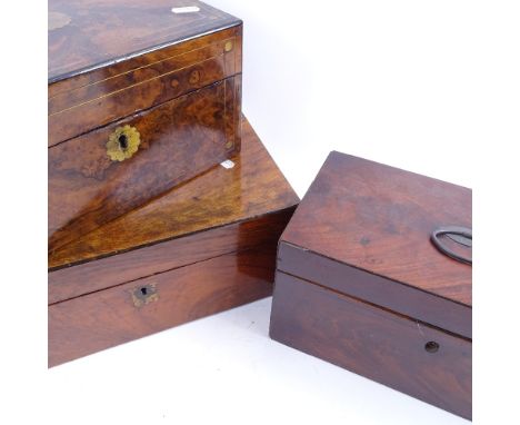A 19th century box with fitted interior, a 19th century mahogany tea caddy, length 30cm, a Victorian writing box 