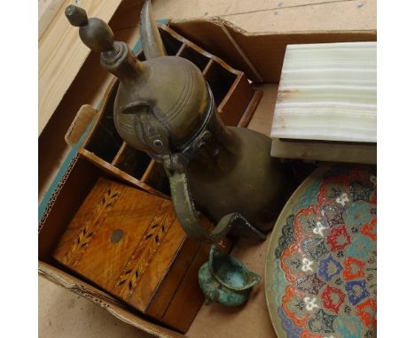 Middle Eastern brass water flagon, brass and enamel bowl, Victorian beadwork cushion etc (boxful) 