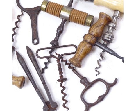 A collection of Antique and Vintage corkscrews, including bone handled example with brush tip 