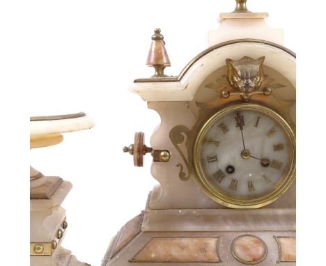 A Continental Art Deco clock garniture, with inset marble panels and brass mounts, clock height 41cm 