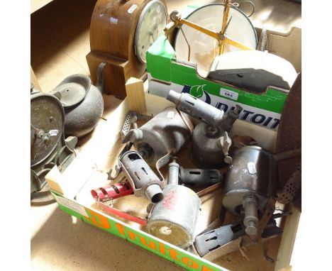 Vintage kitchen scales, brass blow lamps, mantel clock etc (2 boxfuls) 