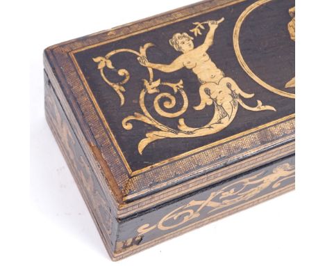 A 19th century Italian Sorrento Ware glove box, micro-mosaic marquetry inlaid surround, with cherub border and velvet liner, 