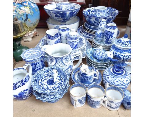 Blue and white jugs, jars and covers including Spode, plates etc 