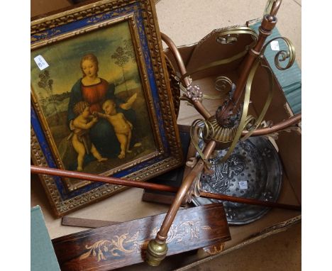 A copper and brass 3-branch chandelier, inlaid Victorian stand, print, frame etc 