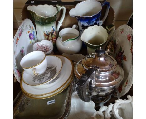 Various collectables, including plated teapot, Spode transfer decorated teaware, hand painted floral plate etc 