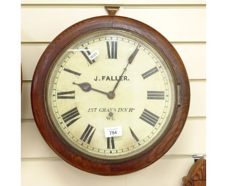 An oak-cased dial wall clock, late 19th/early 20th century, painted dial signed J Faller 157 Grays Inn Road WC, diameter 36cm