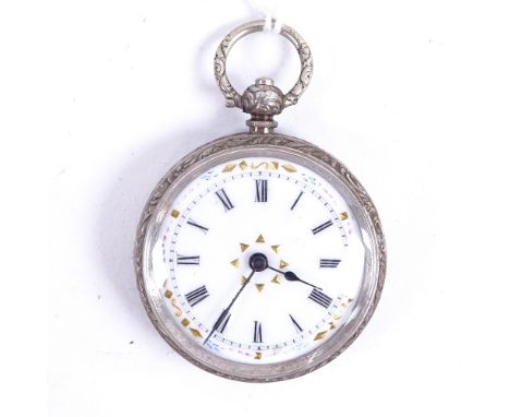 A Continental .800 silver fob watch, allover floral engraved decoration, with white enamel dial, key wound 