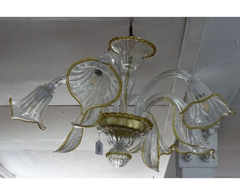 A Murano clear and gold-edged glass 5-branch chandelier 