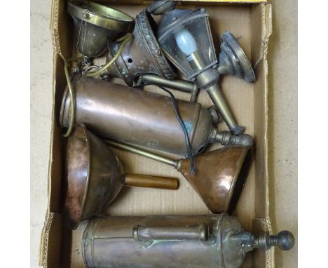 2 copper pumps, 2 funnels, lantern etc 