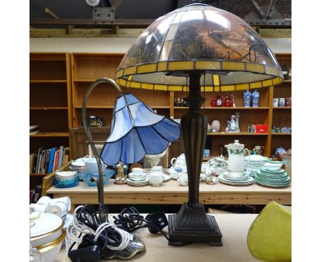 A fluted glass table lamp with glass shade, with printed panels of robins, height 58cm, and a swan-neck table lamp with leadl