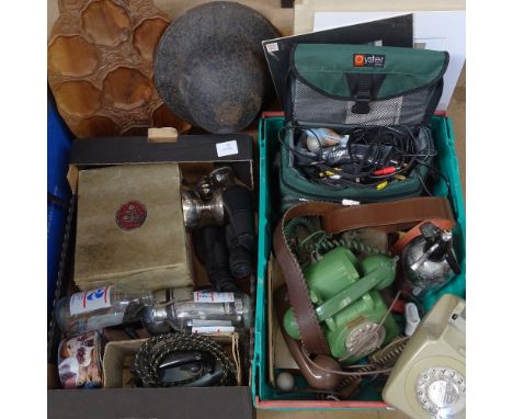 Dial telephones, army tin helmet, kitchenalia, binoculars etc (2 boxfuls) 