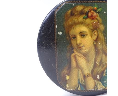A Vintage lacquered papier mache cotton reel dispenser box, with portrait lid, diameter 9cm 