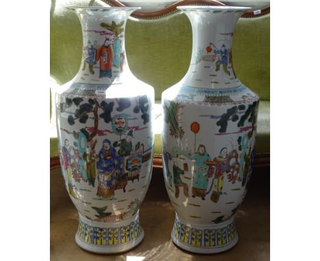 A pair of large Chinese ceramic vases, with all over painted decoration, H91cm 