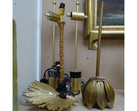 A brass lamp with foliate design, height 50cm, and 4 table lamps 