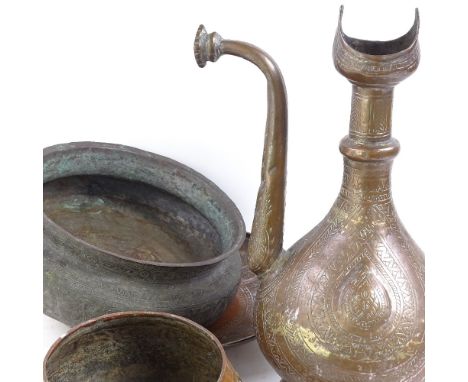 Various copper and brass, including Middle Eastern ewer, 19th century horse hair singeing lamp, bowls etc (5) 