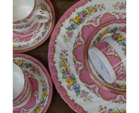 A Crown Staffordshire Pink Tunis fine bone china coffee and cake service, comprising 6 coffee cans, 6 saucers, 1 cake plate a