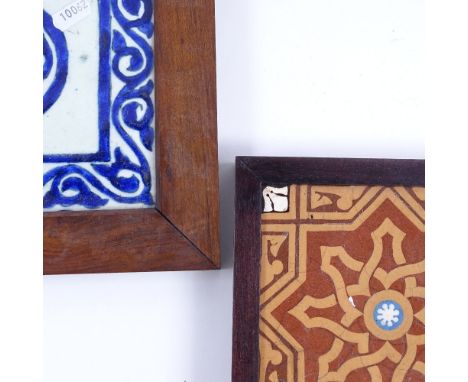 2 faience ceramic pottery tiles, 15cm x 15cm, and 20cm x 20cm, both hardwood framed (2) 