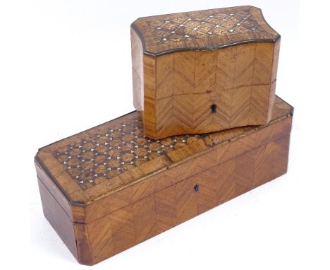 2 19th century French kingwood and mother-of-pearl inlaid boxes, including serpentine-front scent bottle box with brass bandi