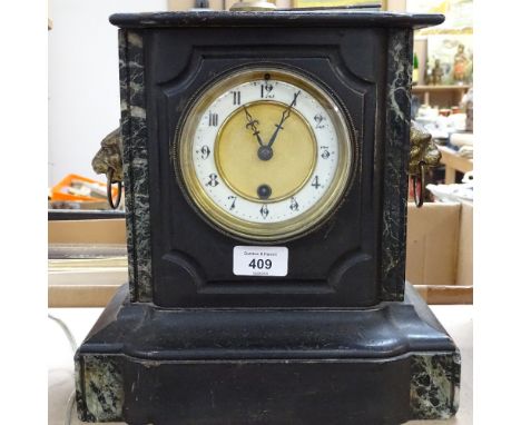 A slate clock with inset marble decoration and lion mask handles, 27.5cm 
