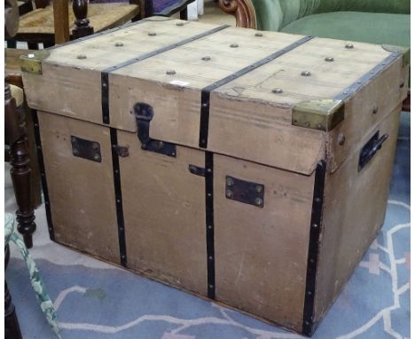 A Vintage brass and steel-bound travelling trunk, W77cm, H52cm 