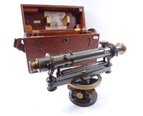 An early 20th century American Keuffel &amp; Esser Co Surveyor's level, no. 6142, length 28cm, in original fitted mahogany ca