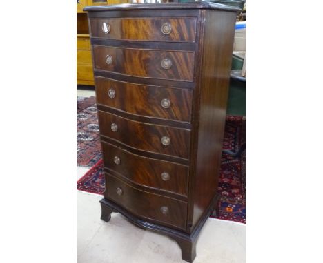 A mahogany serpentine-front narrow chest of 6 drawers on bracket feet, W52cm, H104cm 