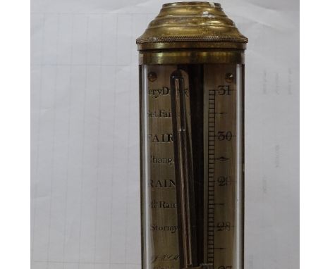 A 19th century Portuguese brass ship's mercury stick barometer, by R N Desterro of Lisbon, with gimbaled brass wall mount, ba