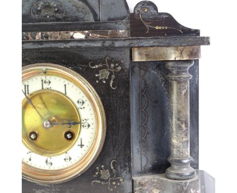 A large early 20th century slate and veined marble architectural 8-day mantel clock, with presentation plaque, height 34cm, w